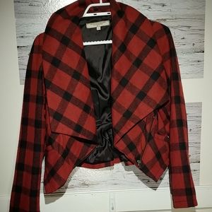 Small Cropped Plaid Wool Jacket w/ Asymmetric Zip